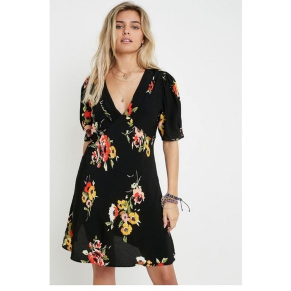 Free People Neon Garden Babydoll Mini Dress in Black Floral Size US 10